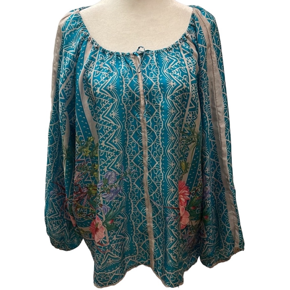 JOHNNY WAS peasant silk blouse in teal and grey w/floral print. Size L. EUC